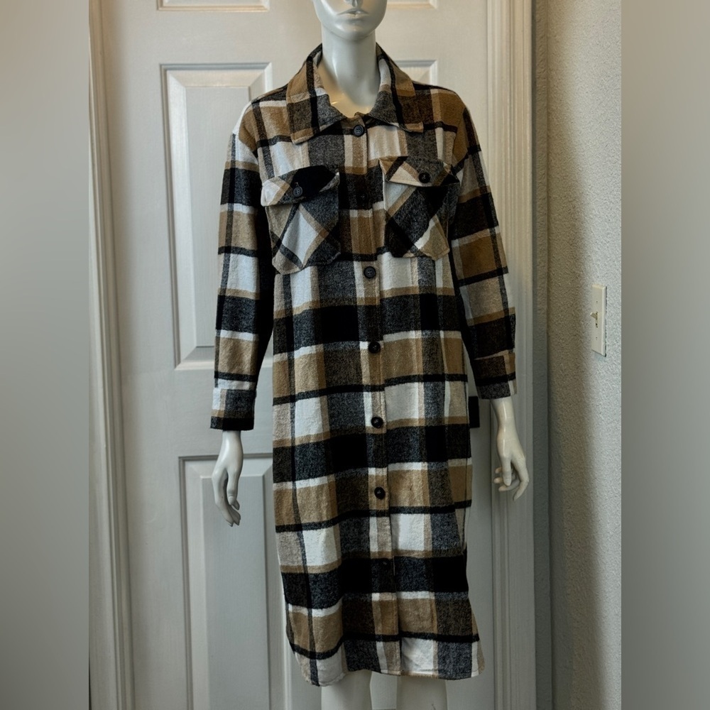 Warm Plaid Long Sleeve Flannel Dress Polyester Thick Material Brown Black Size L